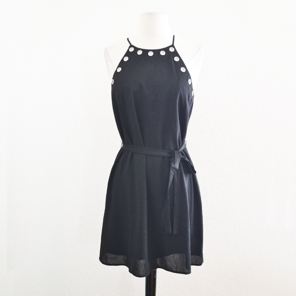 Black Halter Metal Rivet Collar Detail Dress